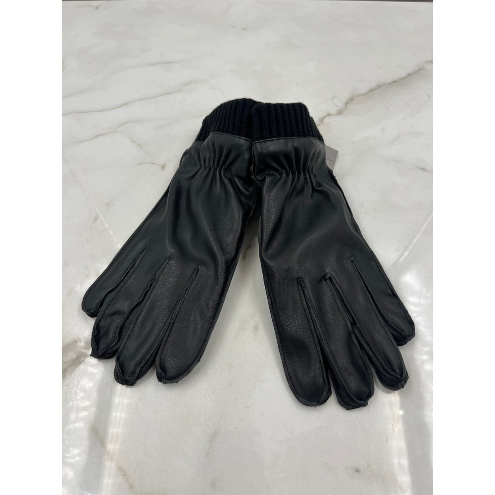 Linea Uomo Gloves Men's Medium Black Faux Leather Knit Cuff NWT